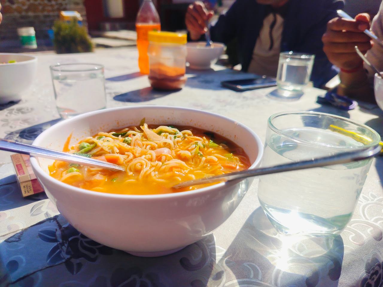 Bowl of hot thukpa noodle soup on the dining table